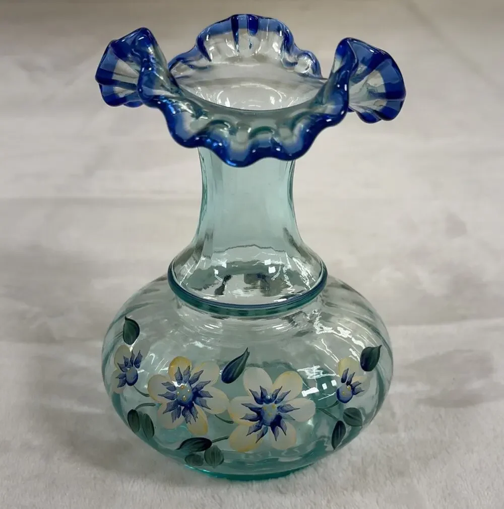 Fenton Vase Cobalt and Aqua Tranquility Hand Painted By DK Brightbill 6.25